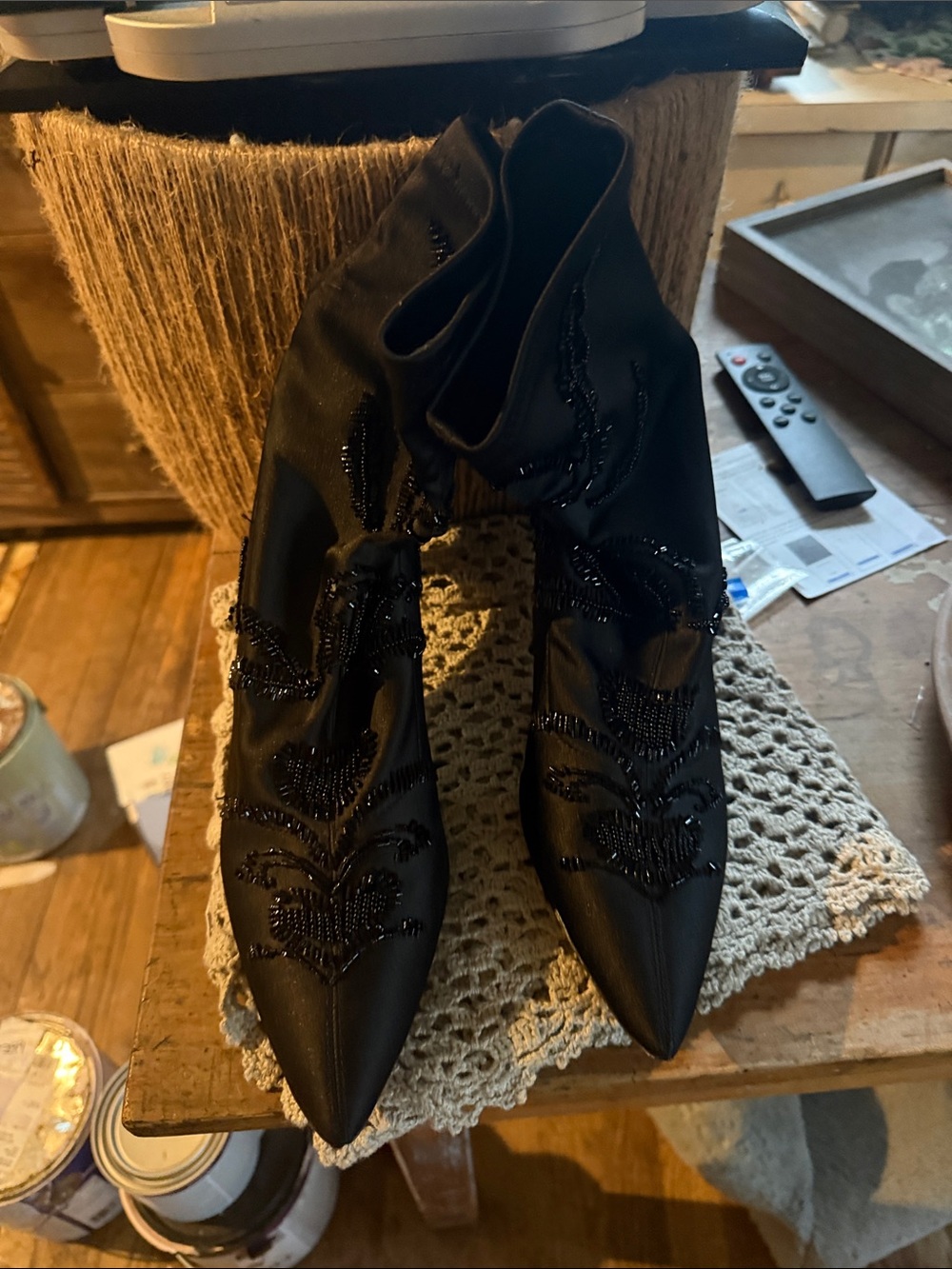 IC COLLECTION Black Beaded Pointed-Toe Sock Booties